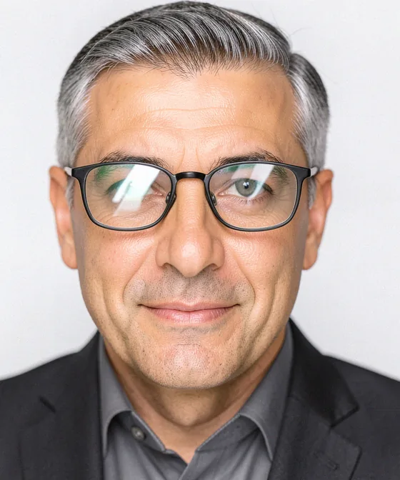 Breites Business-Porträt — Falsches Business-Porträt: spiegelnde Brillengläser