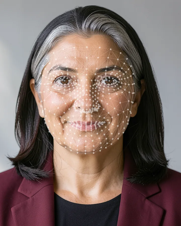 Example corporate portrait taken in window light: shoulders in frame, light grey background, natural expression