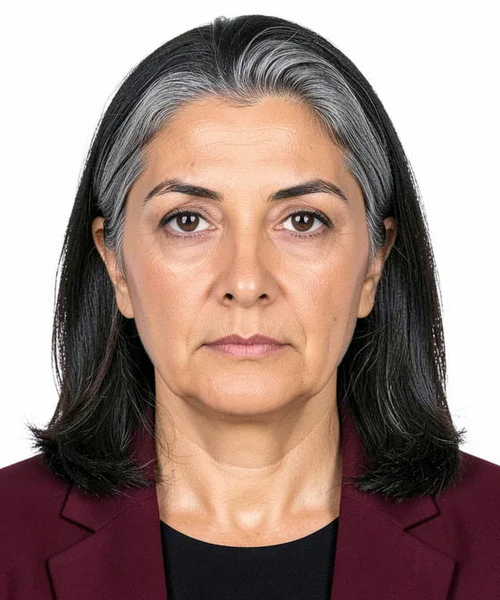 Corporate Headshots — Correct corporate portrait: natural closed-mouth smile, eyes on the camera, head-and-shoulders framing, light grey background