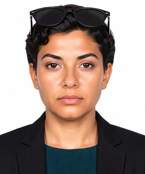 AI Corporate Portrait — Incorrect corporate portrait: sunglasses pushed up on the head