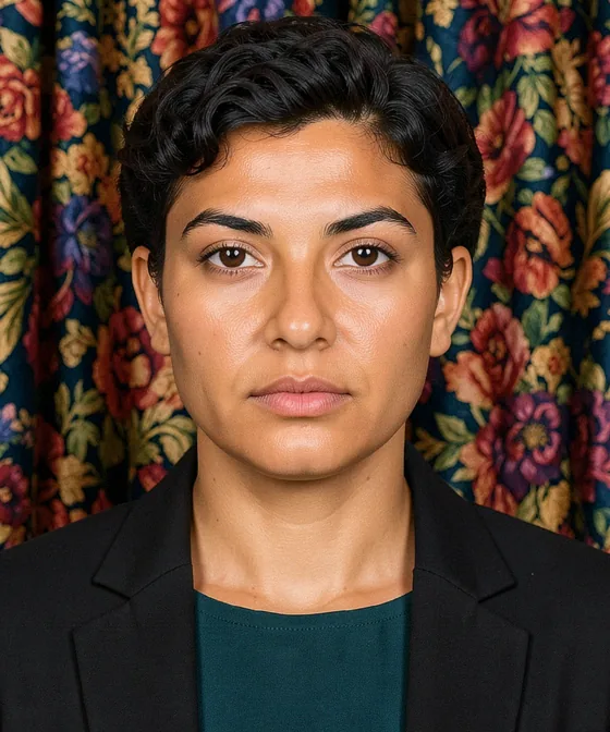 AI Corporate Portrait — Incorrect corporate portrait: patterned curtains in the background