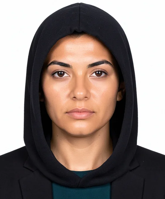 AI Corporate Portrait — Incorrect corporate portrait: hood pulled up over the head