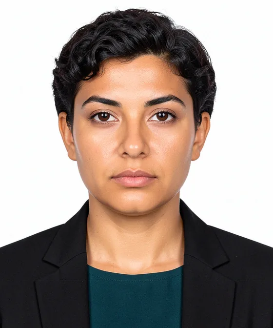 AI Corporate Portrait — Correct corporate portrait: natural closed-mouth smile, eyes on the camera, head-and-shoulders framing, light grey background