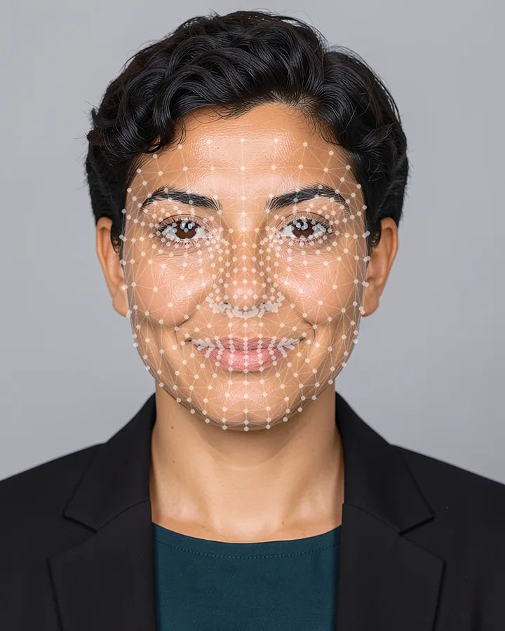 Example AI-generated corporate portrait: the face preserved from the source, clothing and studio background rebuilt