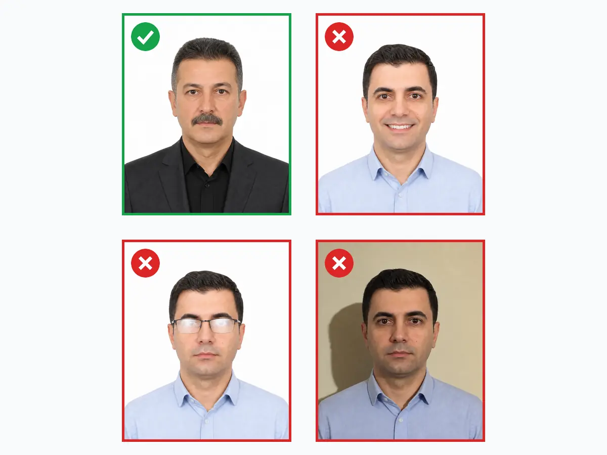 Correct and incorrect professional chamber card photo examples: compliant 50×60 mm biometric shot versus smiling, glasses glare and shadowed background errors