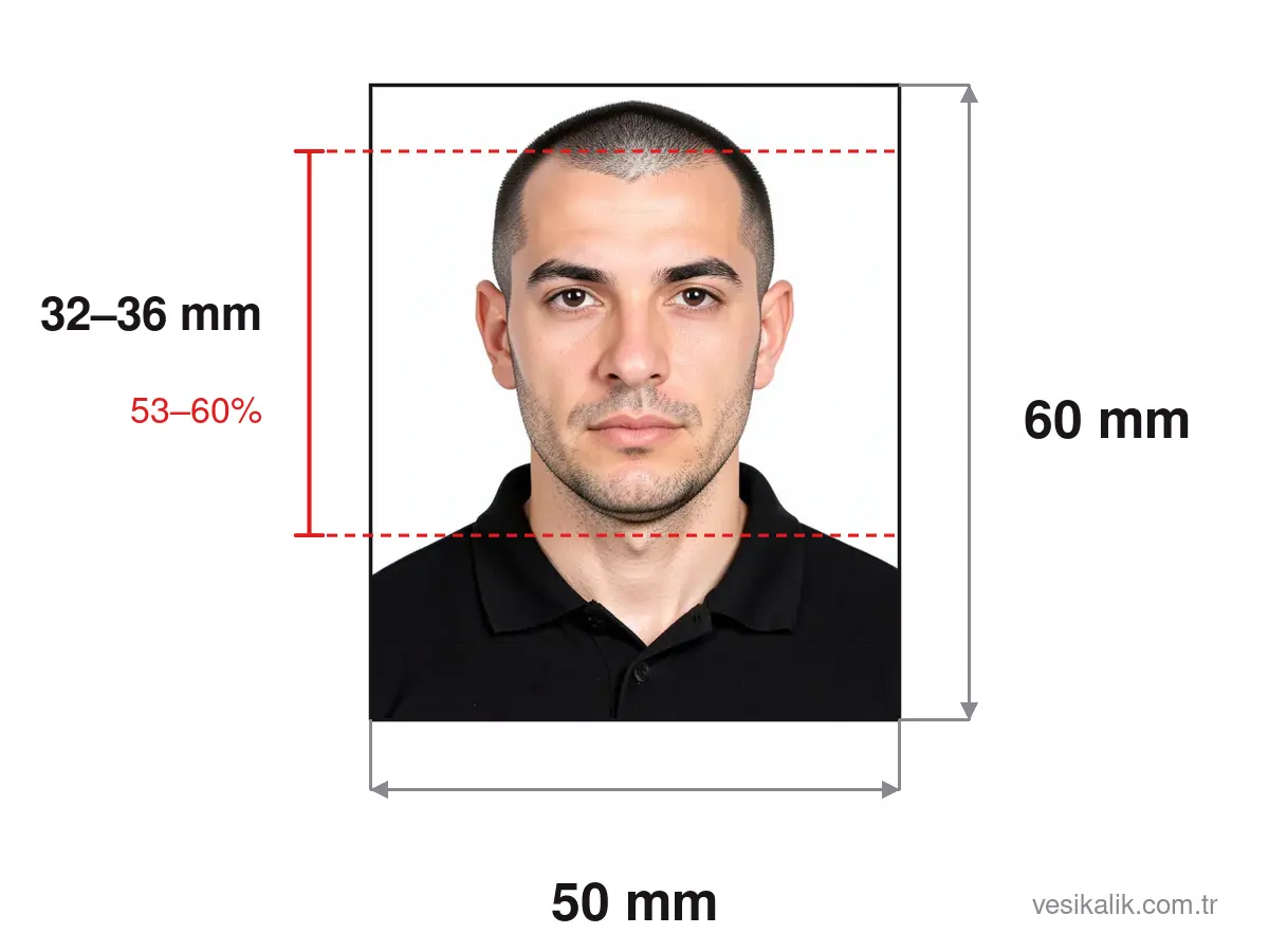 Turkish Private Security Officer (ÖGG) ID Photo size diagram: 50×60 mm photo, head height 32–36 mm
