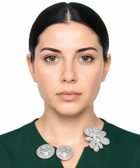 Passport Photo — Incorrect ID photo: large sparkling brooch on the collar