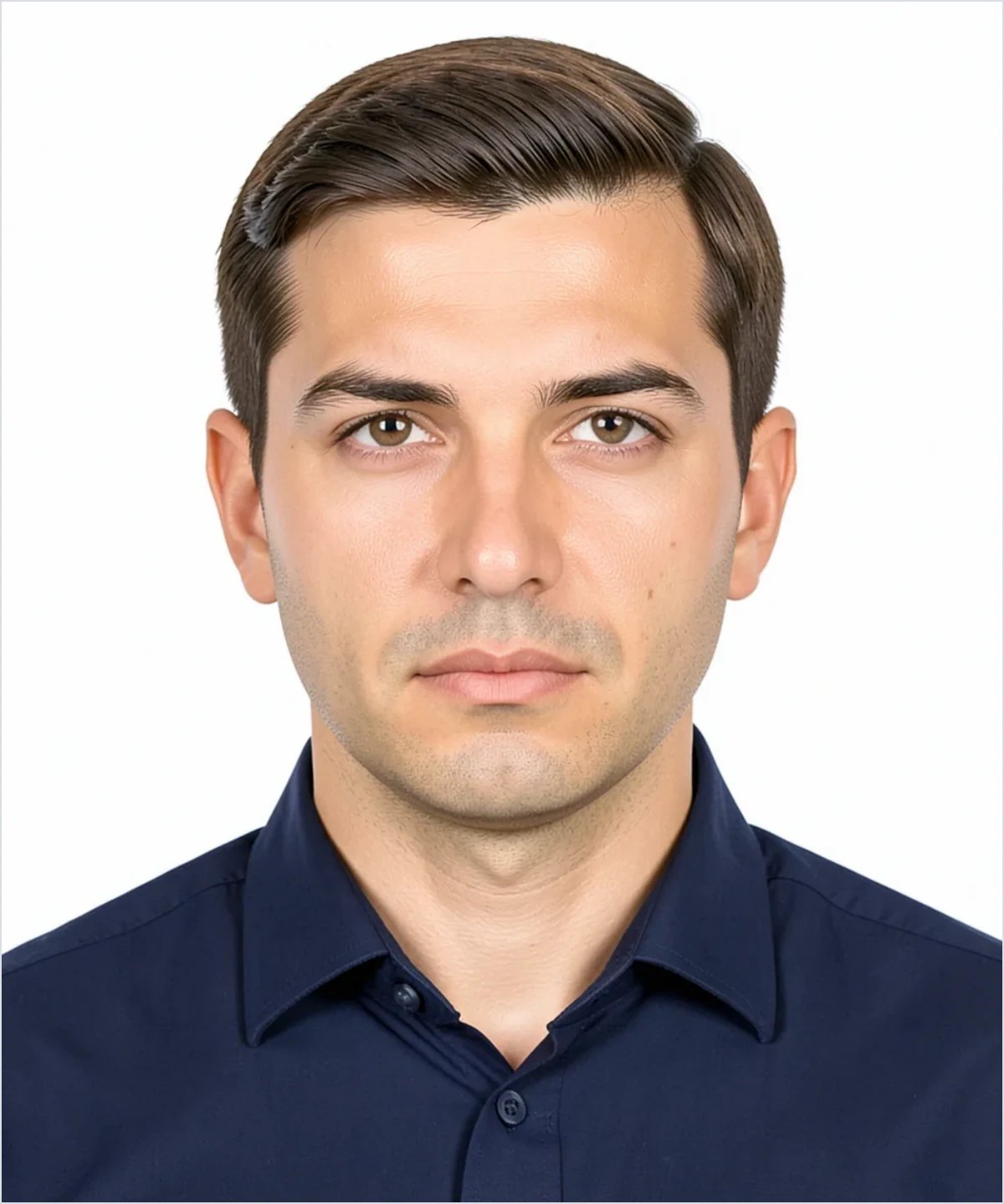 Beispiel-Biometriefoto 50×60 mm für den Mitarbeiterausweis, weißer ungemusterter Hintergrund, Business-Kleidung