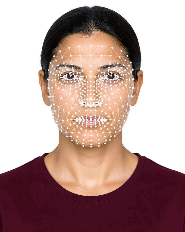 Biometrisches Passfoto einer Frau vor reinweißem Hintergrund, mit Maßlinien