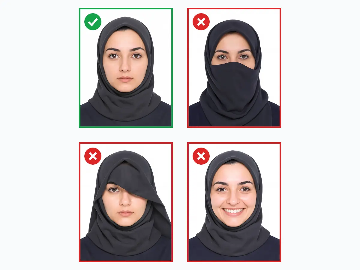 Richtige und falsche Kopftuch-Beispiele im Passfoto: freie Gesichtslinie gegenüber Verdeckung, bedeckter Stirn und Lächeln