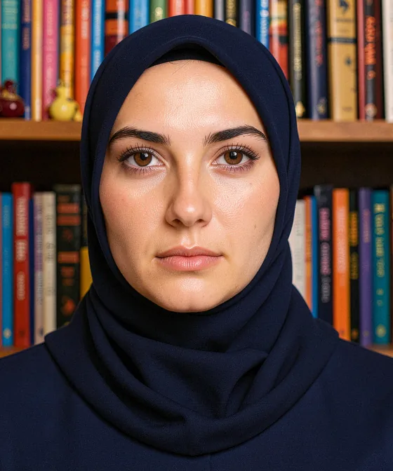 Vesikalıkta Başörtüsü — Yanlış vesikalık örneği: arka planda kitaplık