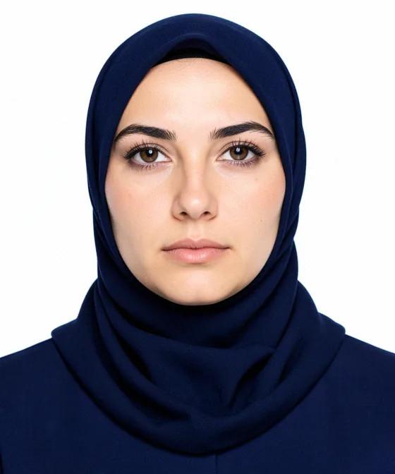 Vesikalıkta Başörtüsü — Doğru vesikalık örneği: nötr ifade, dik baş, düz beyaz fon