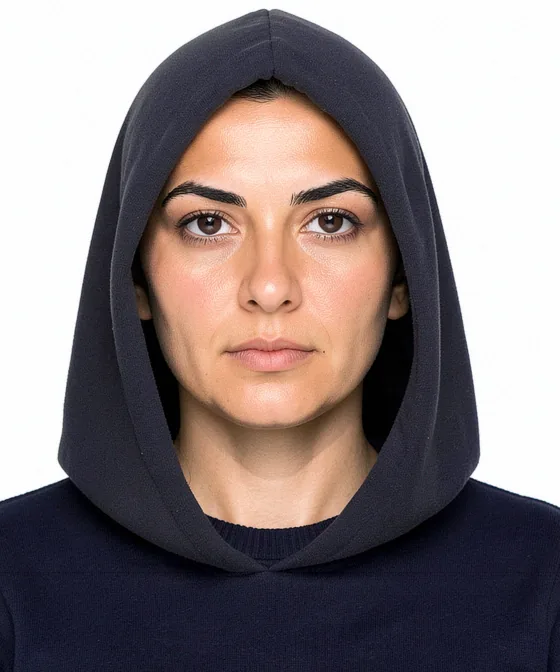 What Are the Differences Between a Biometric Photo and a Standard ID Photo? — Incorrect ID photo: hood pulled up over the head