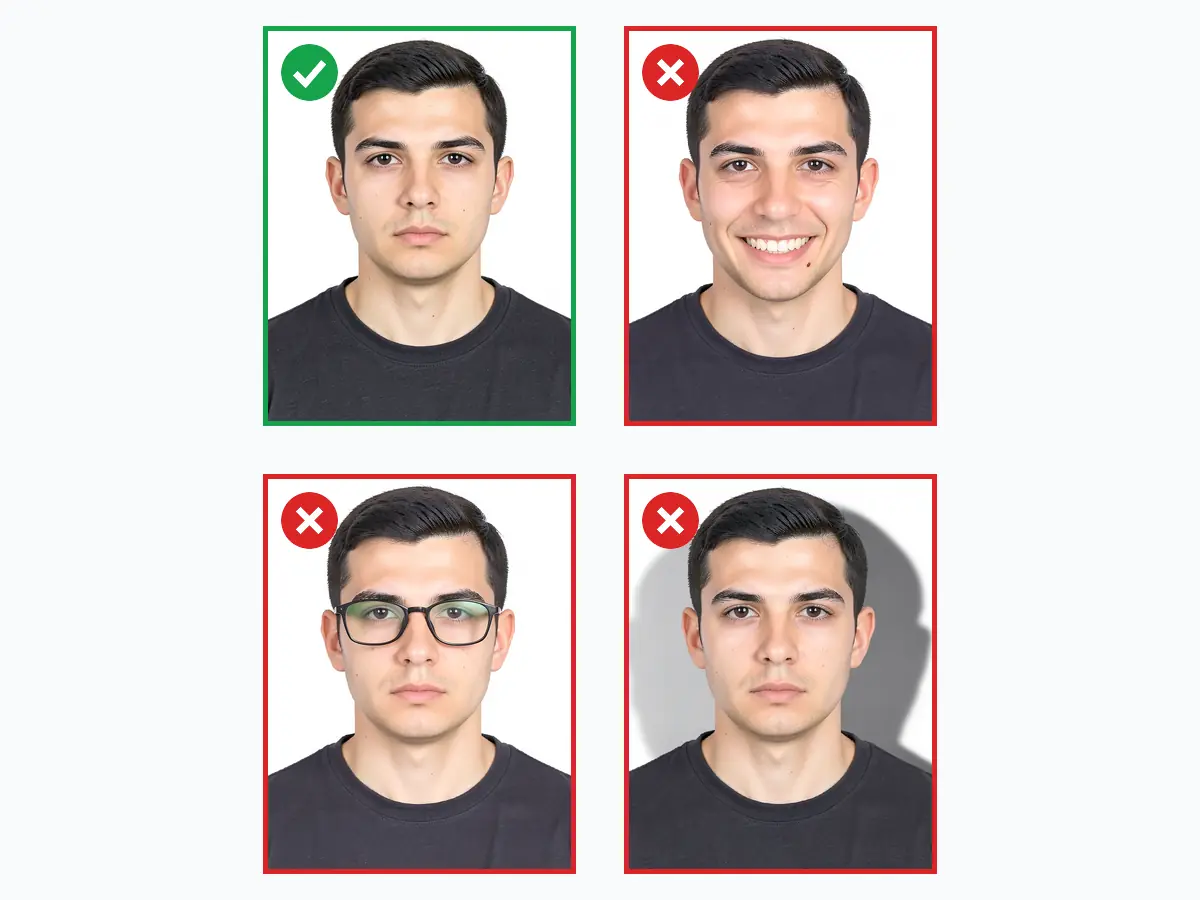 Correct and incorrect phone ID photo examples: a compliant frame versus a smile, glasses and a background shadow