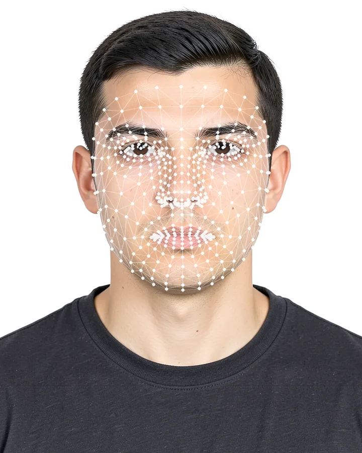 Biometric ID photo of a young man suitable for file-size rules, shown with size guides