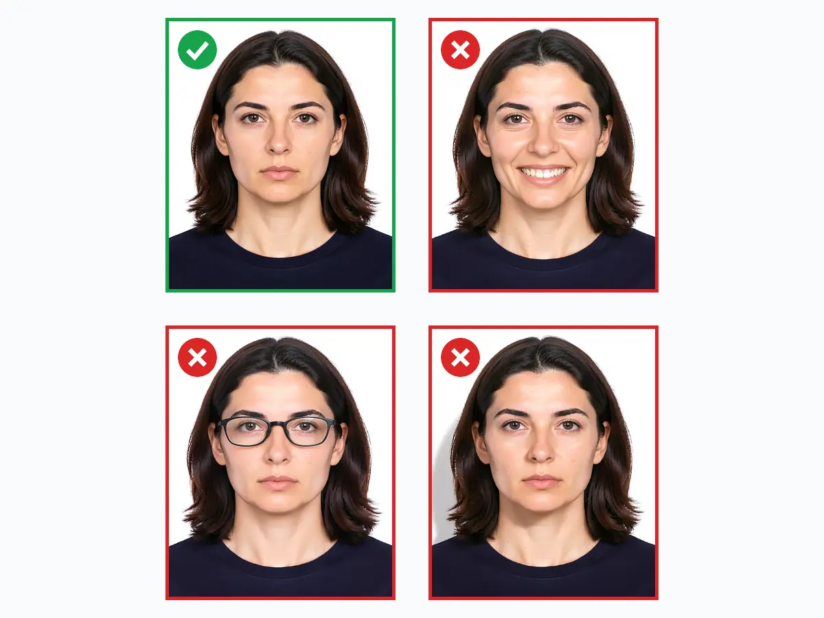 Correct and incorrect document photo examples: a neutral frame that passes first time versus smiling, glasses and shadow
