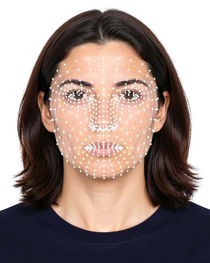 Aktuelles biometrisches Passfoto: neutraler Ausdruck, dunkles Oberteil, reinweißer Grund