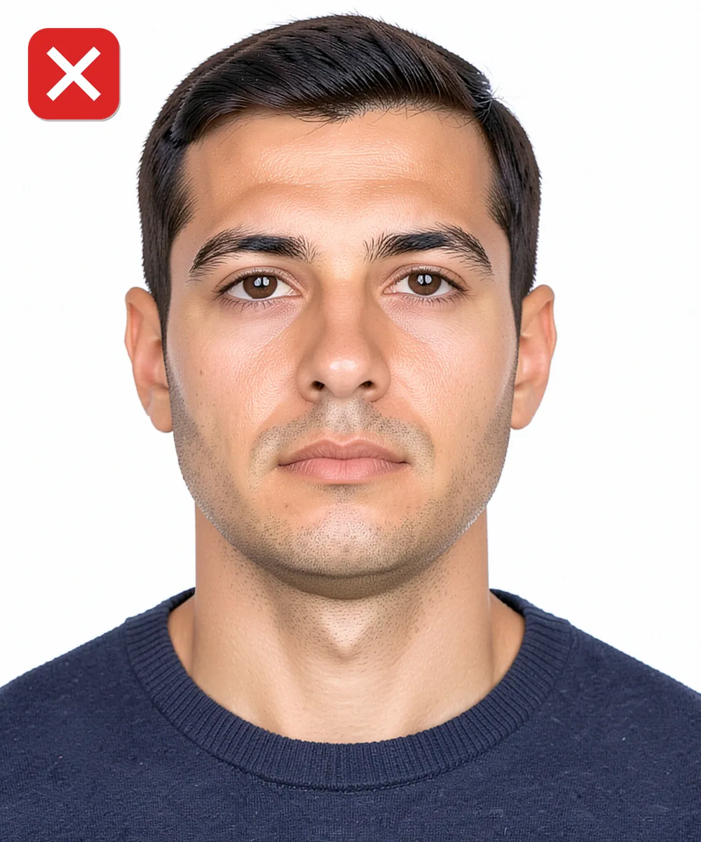 Biyometrik Fotoğrafta Gülümseme ve İfade — Yanlış vesikalık örneği: alttan yukarı çekim