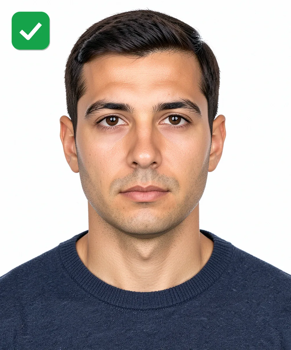 Biyometrik Fotoğrafta Gülümseme ve İfade — Doğru vesikalık örneği: nötr ifade, dik baş, düz beyaz fon