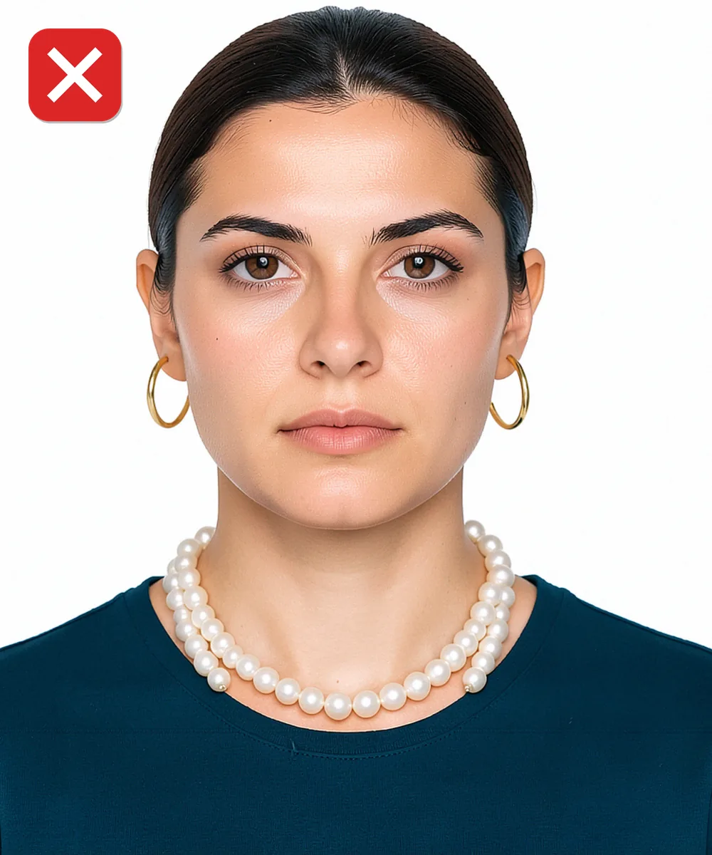 Biyometrik Fotoğrafta Makyaj, Lens ve Rötuş — Yanlış vesikalık örneği: büyük küpe ve kolye