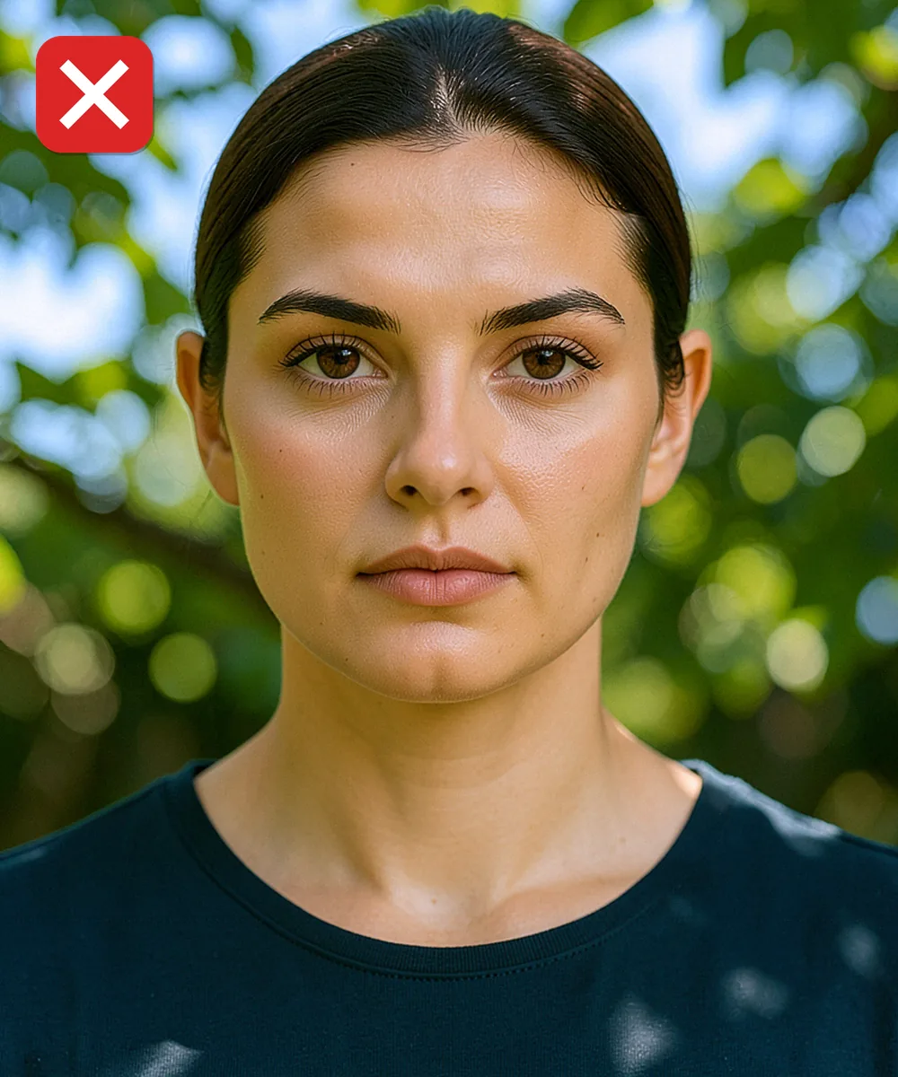 Biyometrik Fotoğrafta Makyaj, Lens ve Rötuş — Yanlış vesikalık örneği: dışarıda yeşillik önünde