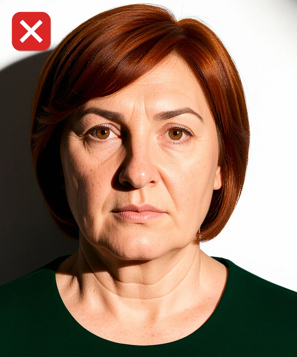 Migros'ta Vesikalık Fotoğraf Çıkarma — Yanlış vesikalık örneği: sert yan ışık yüzü gölgeye bölüyor