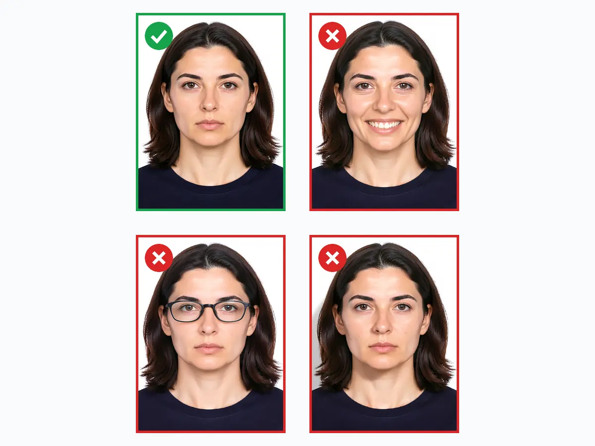 Richtige und falsche Passbild-Beispiele: konforme neutrale Aufnahme gegenüber Lächeln, Brille und Gesichtsschatten