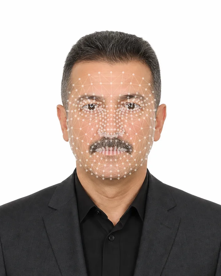 Biometrisches Passfoto eines Mannes gemäß den Haar- und Bartregeln, mit Maßlinien