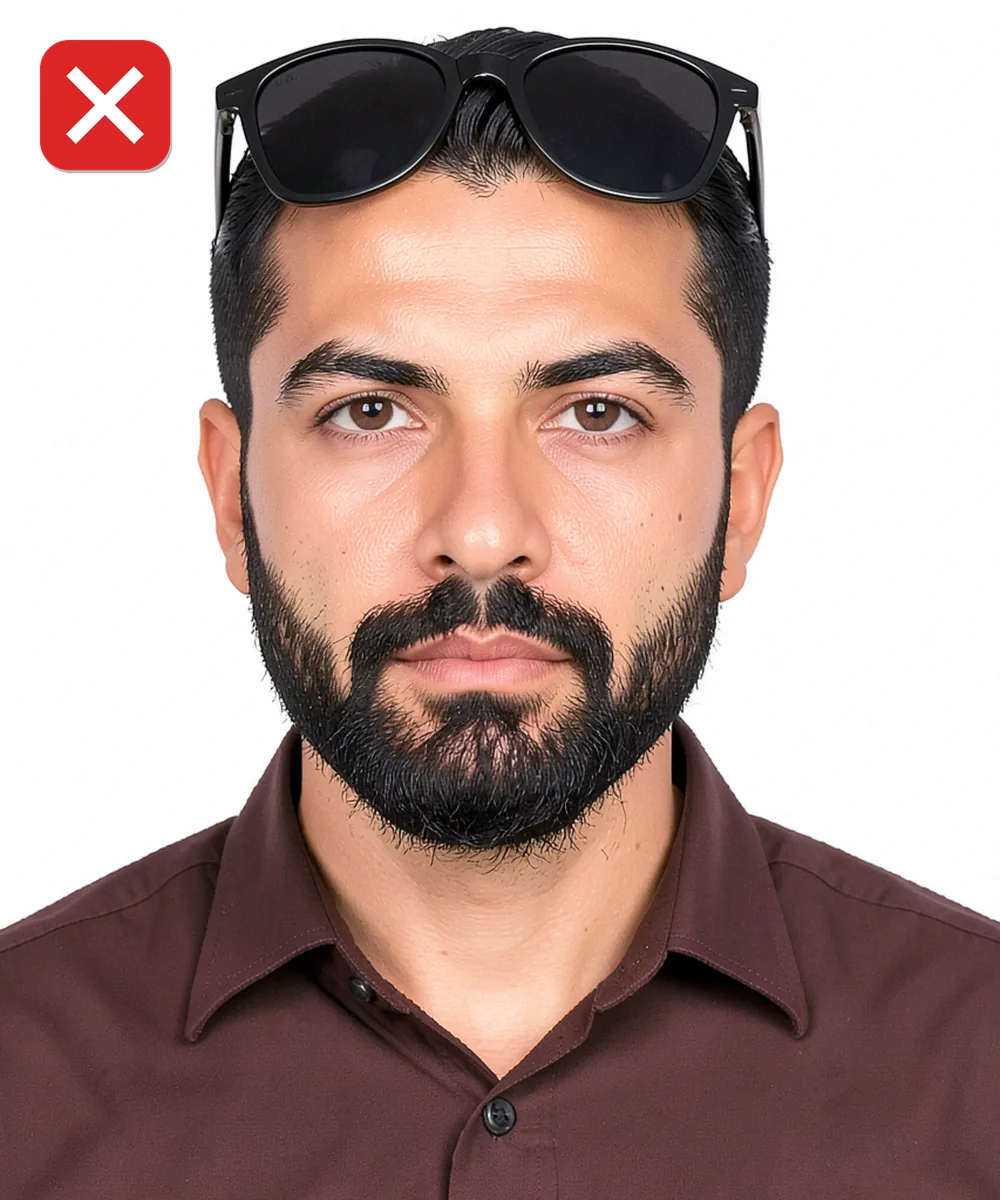 Biyometrik Fotoğrafta Sakal, Saç ve Kulak — Yanlış vesikalık örneği: güneş gözlüğü başın üstünde
