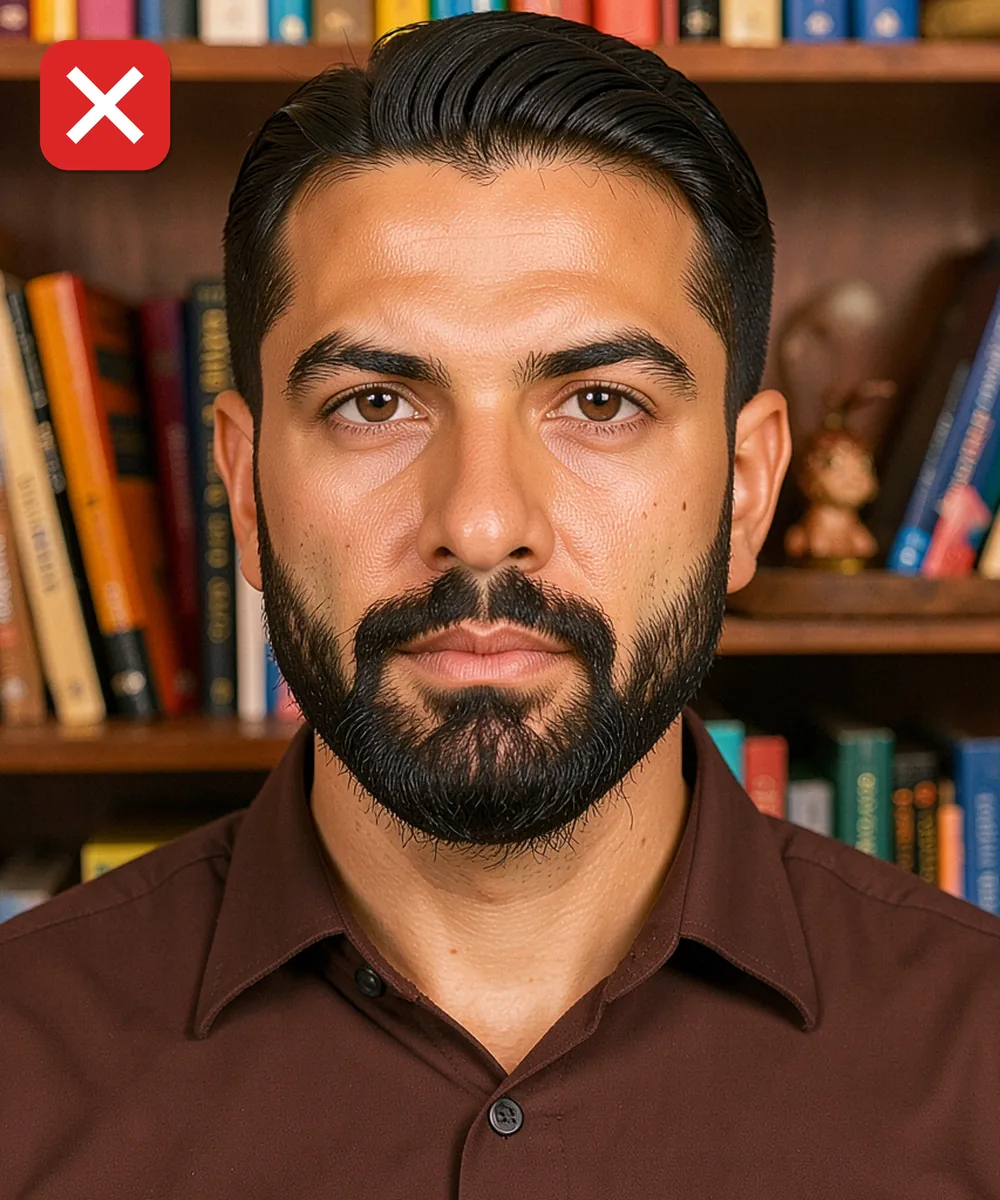 Biyometrik Fotoğrafta Sakal, Saç ve Kulak — Yanlış vesikalık örneği: arka planda kitaplık