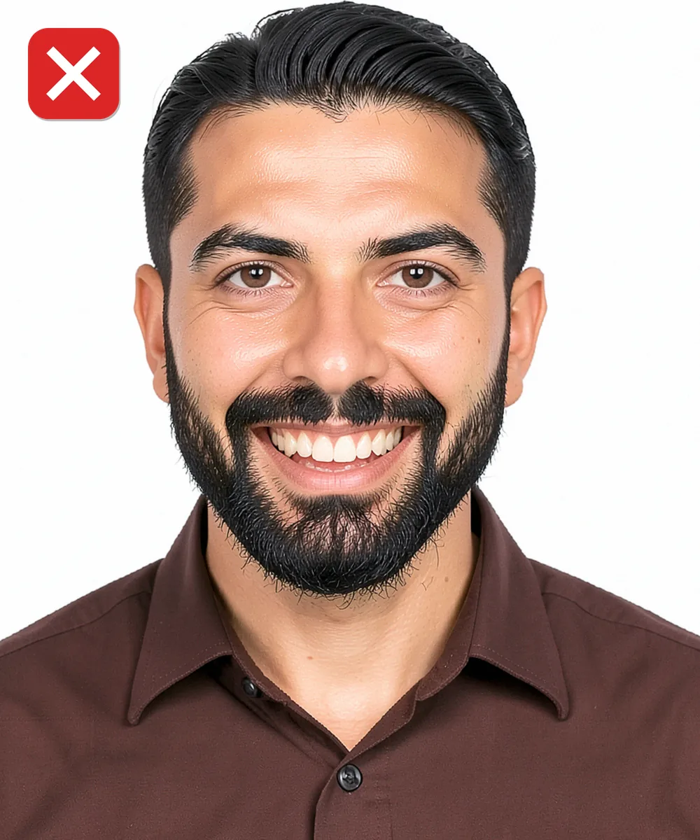 Biyometrik Fotoğrafta Sakal, Saç ve Kulak — Yanlış vesikalık örneği: gülümseme