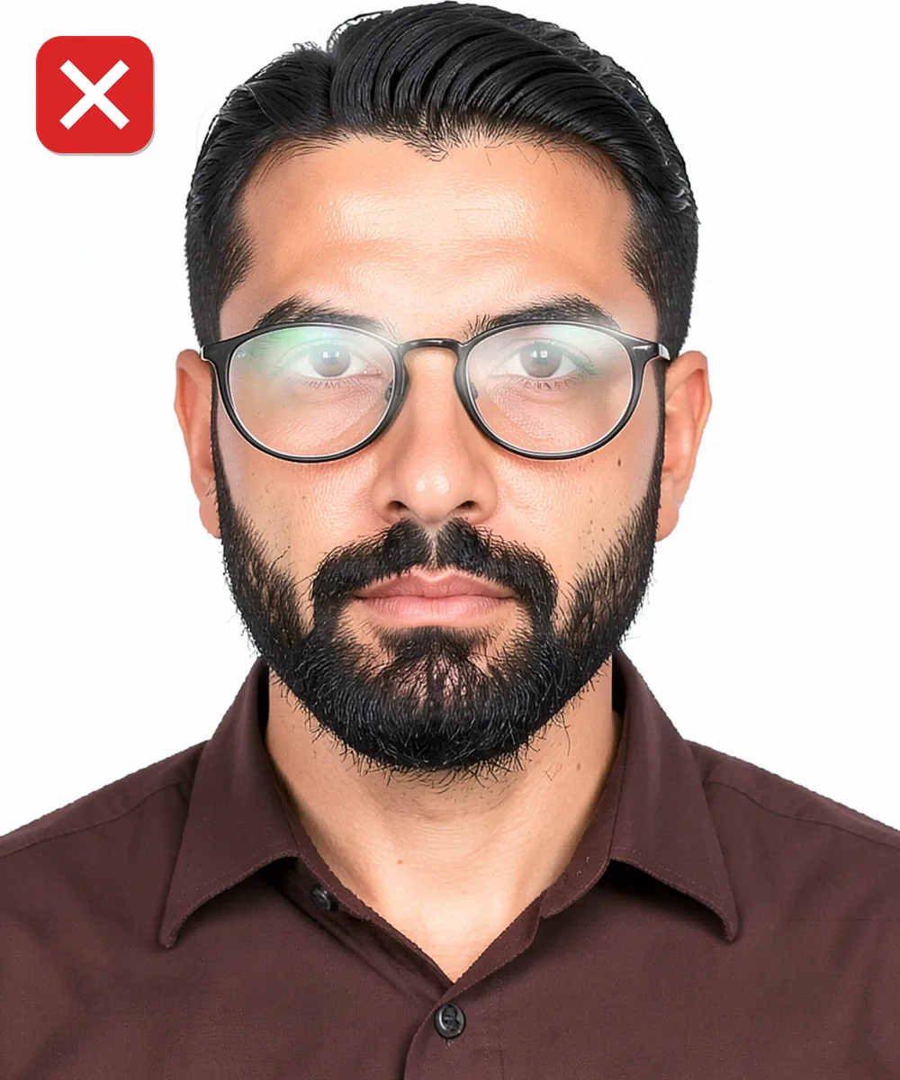 Biyometrik Fotoğrafta Sakal, Saç ve Kulak — Yanlış vesikalık örneği: gözlük camlarında parlama