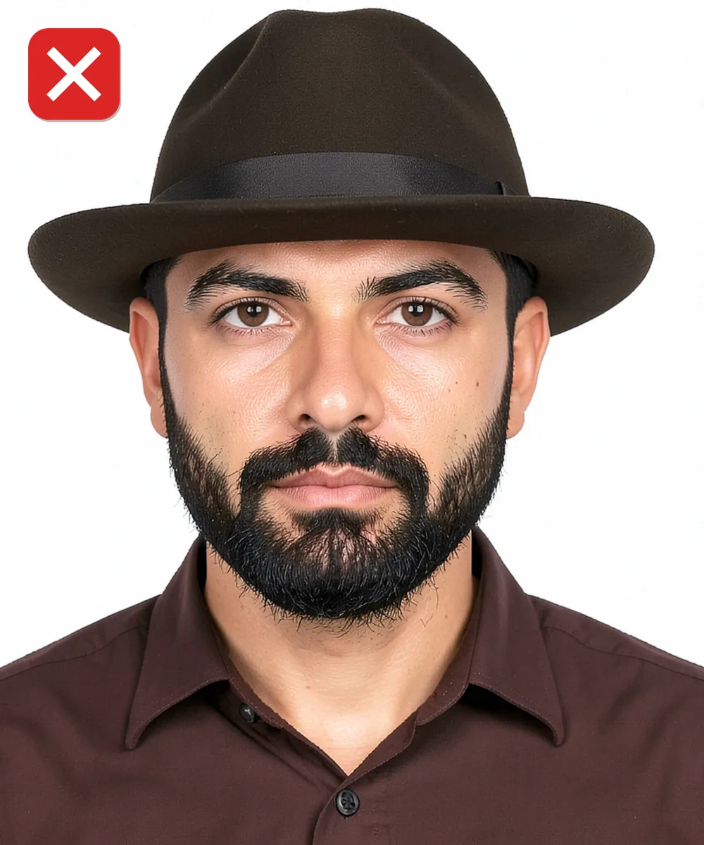 Biyometrik Fotoğrafta Sakal, Saç ve Kulak — Yanlış vesikalık örneği: başta fötr şapka
