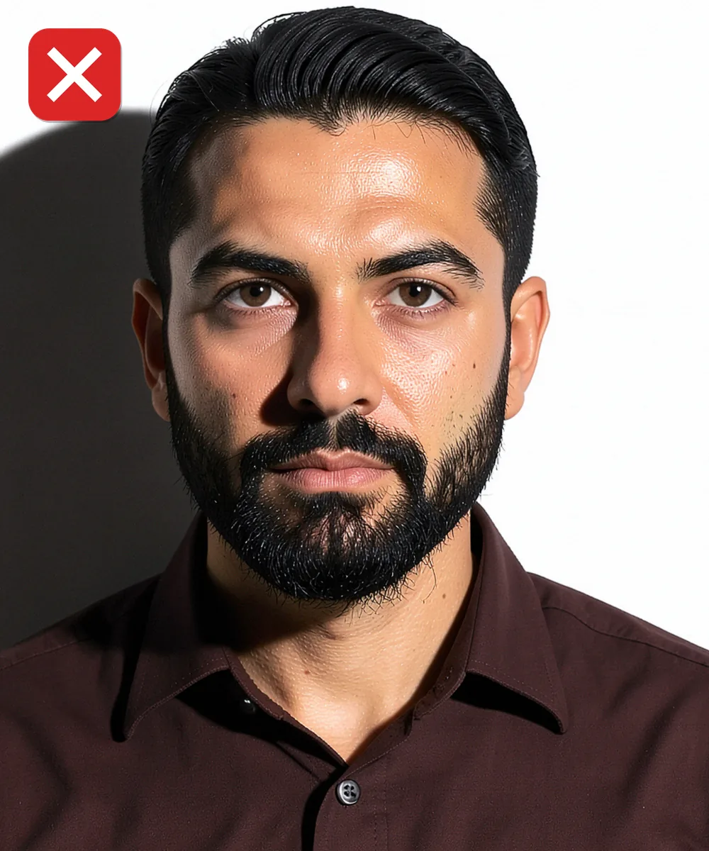 Biyometrik Fotoğrafta Sakal, Saç ve Kulak — Yanlış vesikalık örneği: sert yan ışık yüzü gölgeye bölüyor