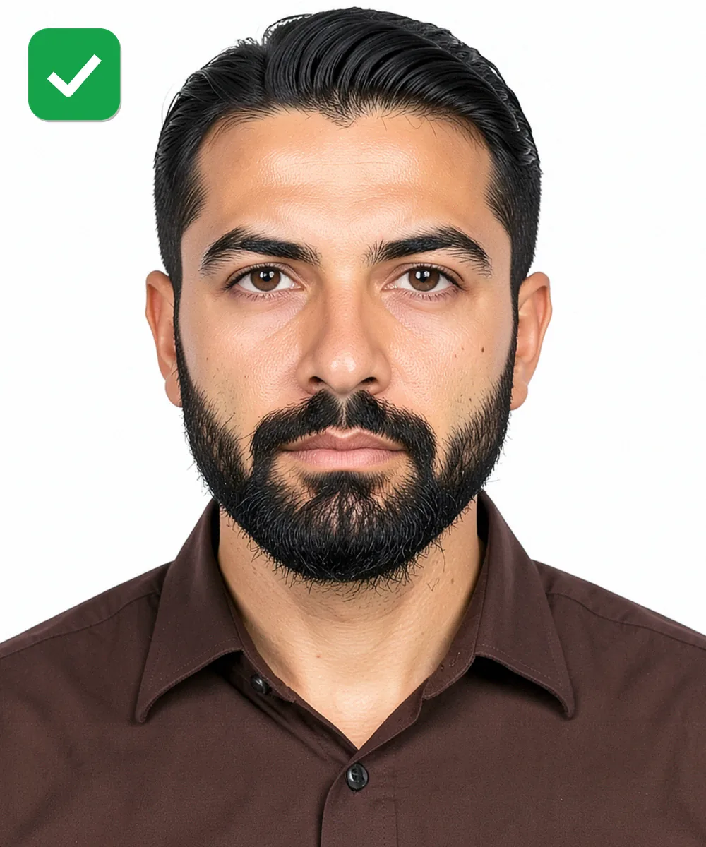 Biyometrik Fotoğrafta Sakal, Saç ve Kulak — Doğru vesikalık örneği: nötr ifade, dik baş, düz beyaz fon