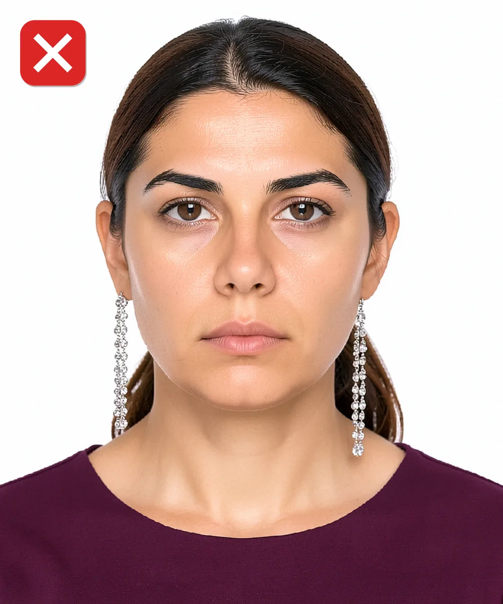 Biyometrik Fotoğrafta Küpe, Piercing ve Takı — Yanlış vesikalık örneği: iri sallantılı küpe