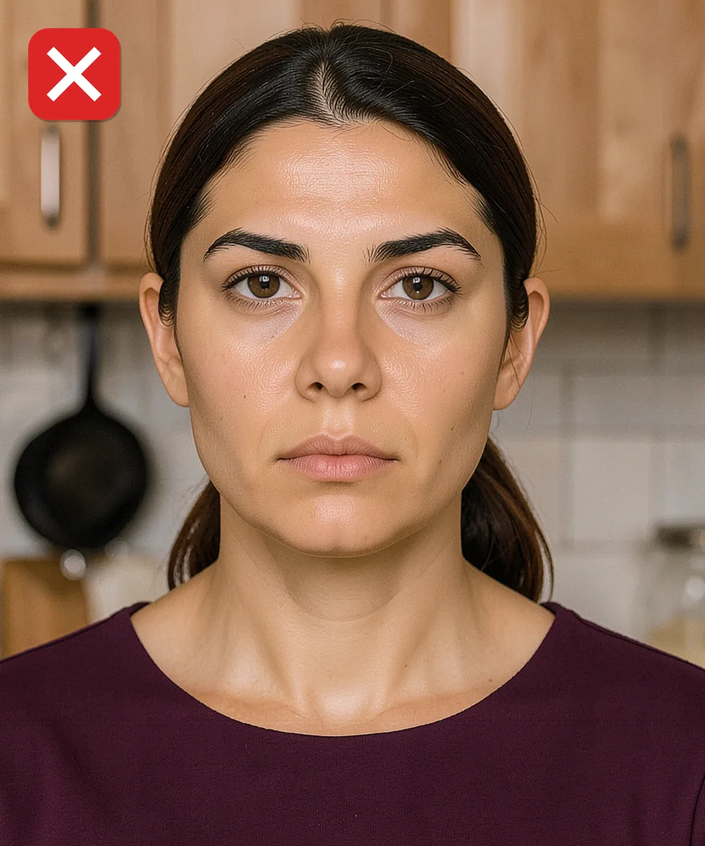 Biyometrik Fotoğrafta Küpe, Piercing ve Takı — Yanlış vesikalık örneği: mutfakta çekilmiş