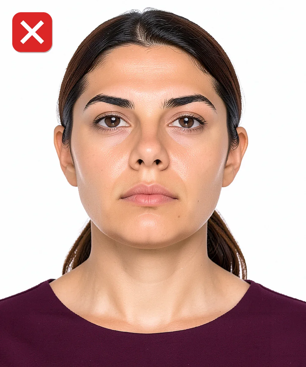 Biyometrik Fotoğrafta Küpe, Piercing ve Takı — Yanlış vesikalık örneği: alttan yukarı çekim