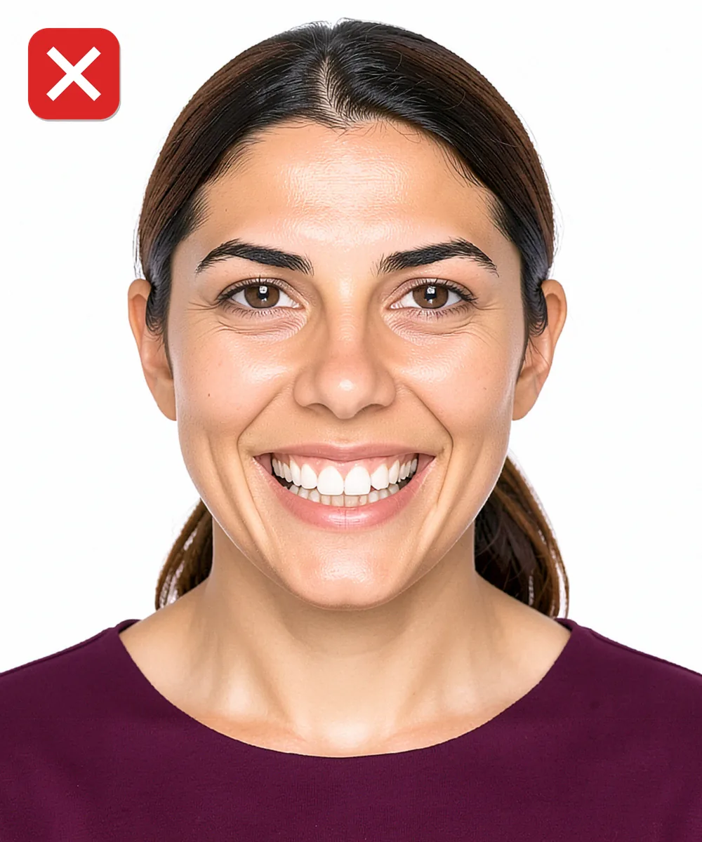 Biyometrik Fotoğrafta Küpe, Piercing ve Takı — Yanlış vesikalık örneği: gülümseme