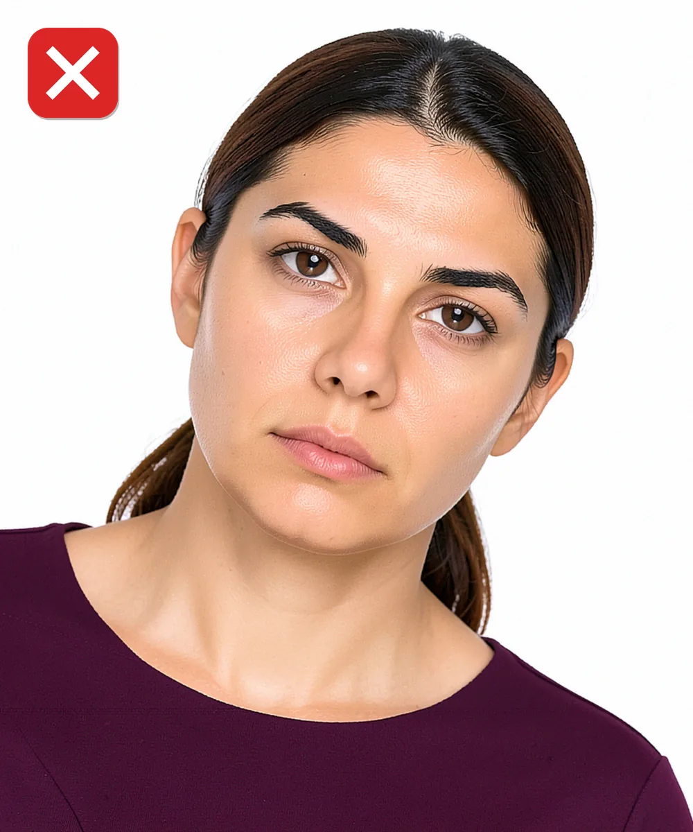 Biyometrik Fotoğrafta Küpe, Piercing ve Takı — Yanlış vesikalık örneği: baş yana eğik