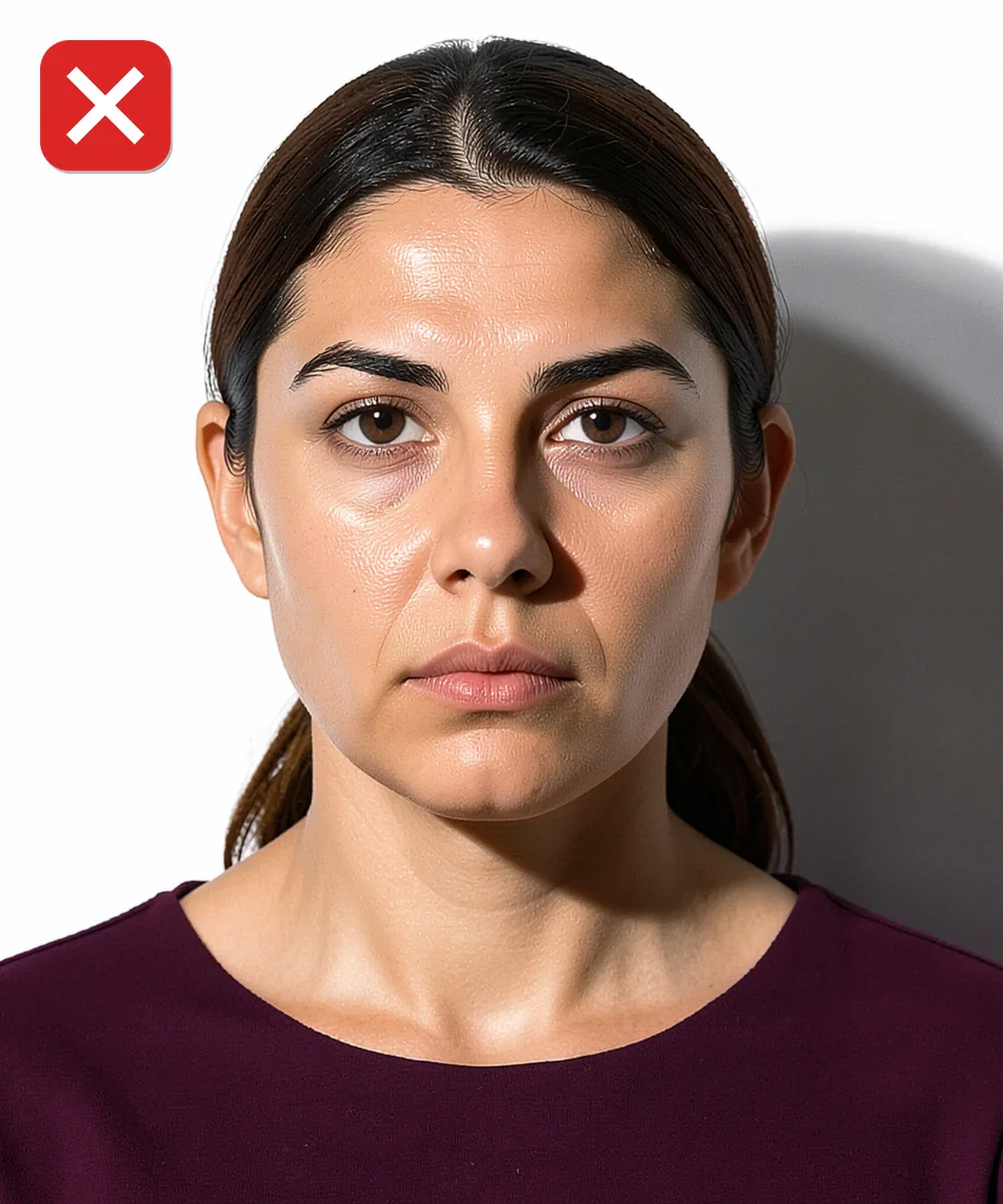 Biyometrik Fotoğrafta Küpe, Piercing ve Takı — Yanlış vesikalık örneği: sert yan ışık yüzü gölgeye bölüyor