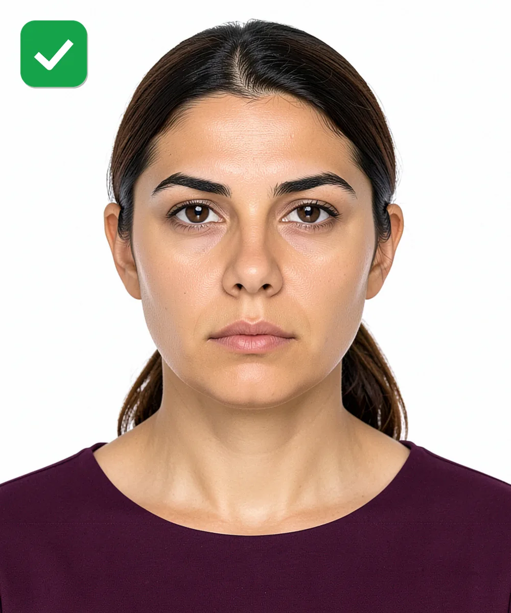 Biyometrik Fotoğrafta Küpe, Piercing ve Takı — Doğru vesikalık örneği: nötr ifade, dik baş, düz beyaz fon