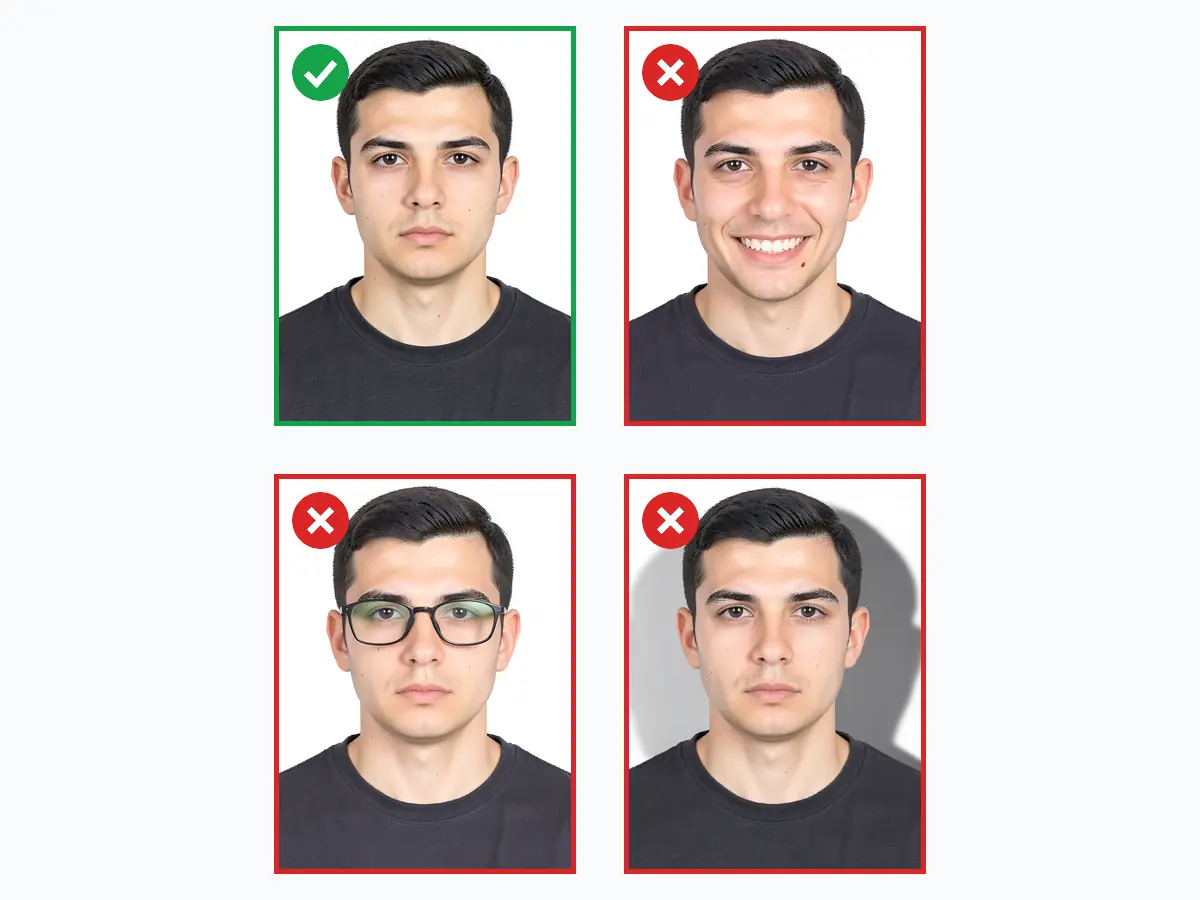 Correct and incorrect phone ID photo examples: a compliant frame versus a smile, glasses and a background shadow