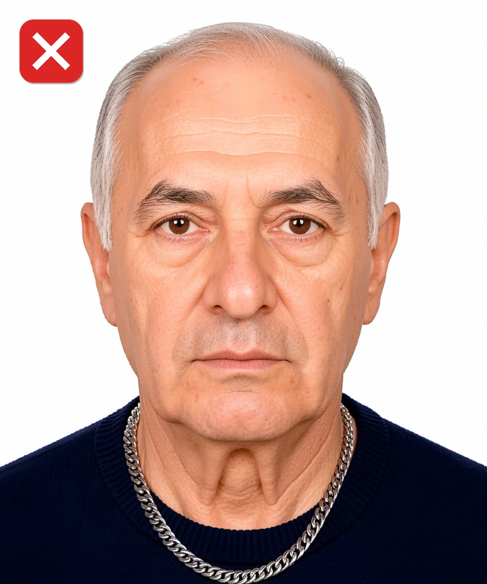 Vesikalık Fotoğraf Çoğaltma — Yanlış vesikalık örneği: kalın zincir kolye