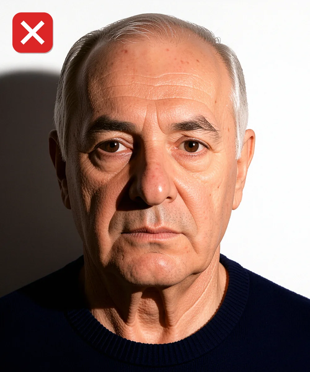 Vesikalık Fotoğraf Çoğaltma — Yanlış vesikalık örneği: sert yan ışık yüzü gölgeye bölüyor