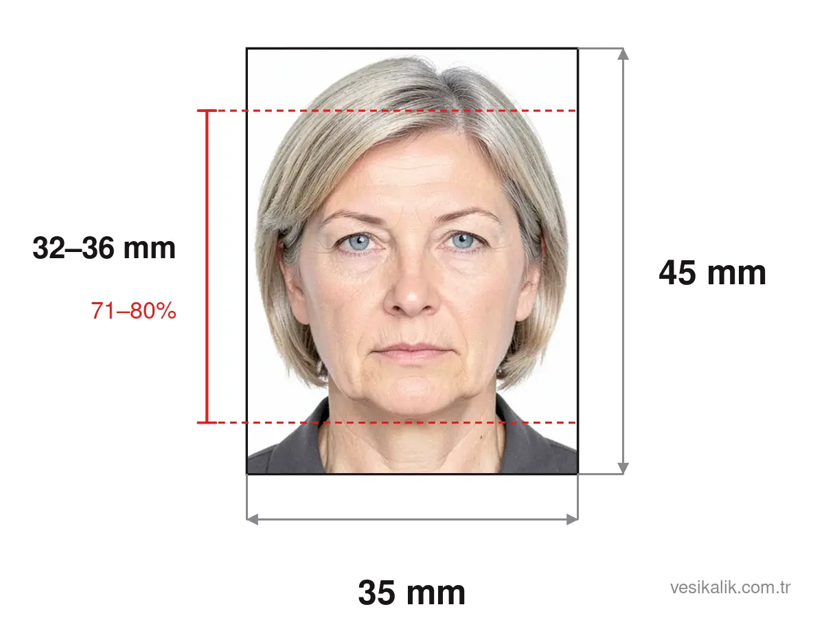 Russia Visa Photo size diagram: 35×45 mm photo, head height 32–36 mm