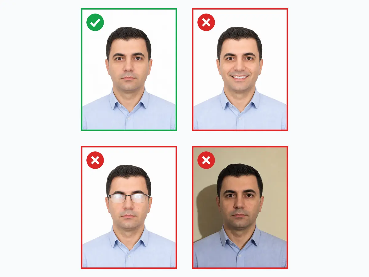 Rusya vizesi fotoğrafında doğru ve yanlış örnekler: uygun 35×45mm fotoğraf, gülümseme, gözlük yansıması ve gölgeli arka plan hataları