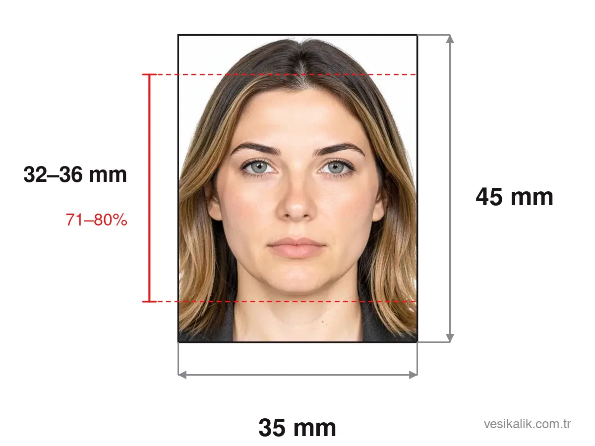 Schengen Visa Photo size diagram: 35×45 mm photo, head height 32–36 mm