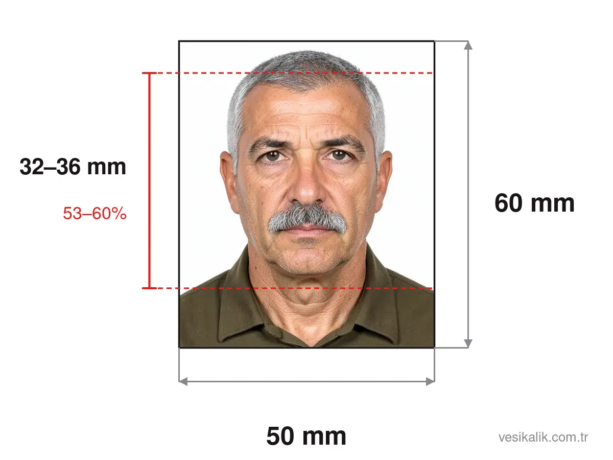 Silah Ruhsatı Fotoğrafı ölçü şeması: 50×60 mm fotoğraf, baş yüksekliği 32–36 mm