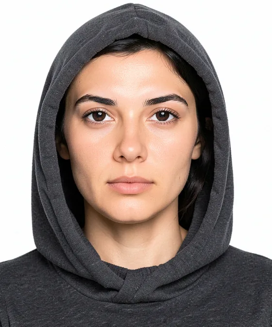 25×32 mm Vesikalık — Yanlış vesikalık örneği: başa geçirilmiş kapüşon